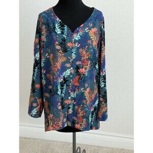 Soft‎ Surroundings Women’s M Blouse Nova Tunic Teal Green Floral Print Button Up